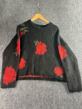 Obey Lg Women’s Black Sweater with Red Floral Accents size s